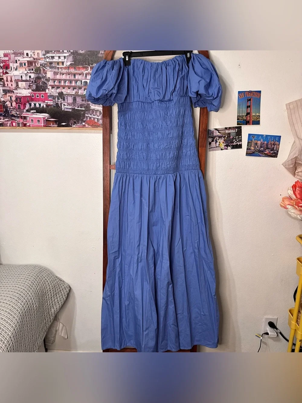 Abercrombie & Fitch Blue Off‑Shoulder Maxi Dress